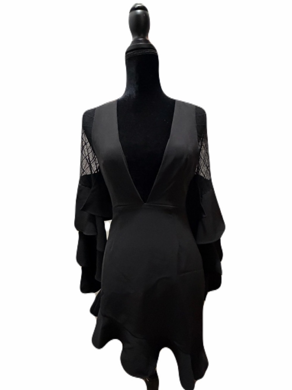 NBD Revolve Black Ruffle Lace Bell Sleeve Mini Dress Slanted Hem size XS NWT